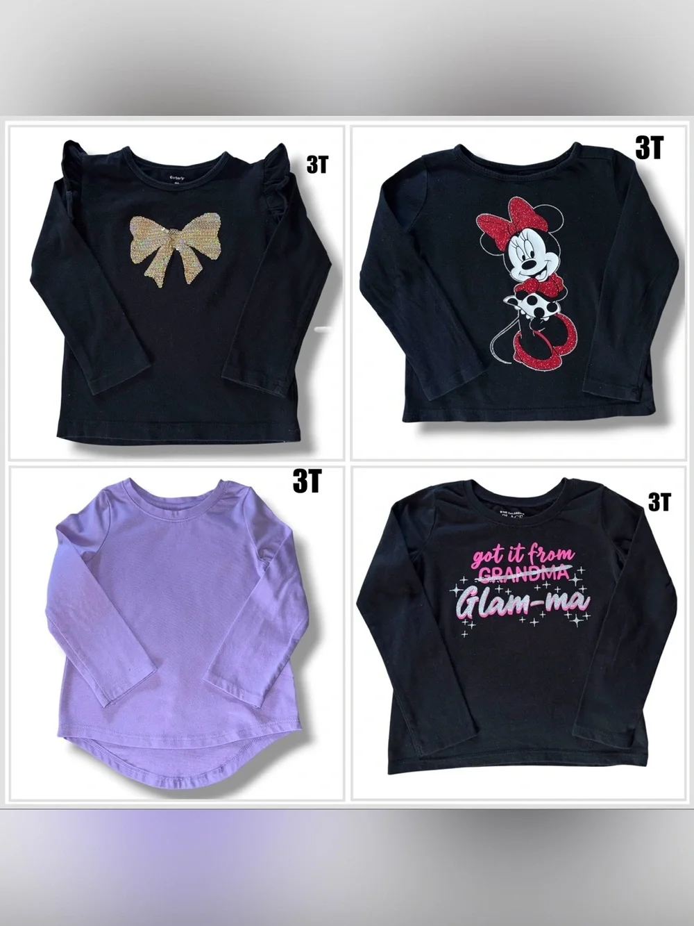 Disney, Carter’s, Cat & Jack, Place Girls Long Sleeve Tees - Black, Lilac & Red